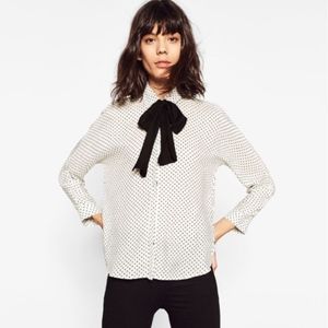 Zara White black polka dot blouse with bow tie XS